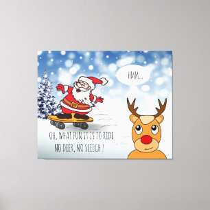 Santa on skateboard funny reindeer sleigh winter canvas print