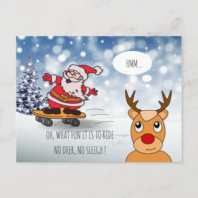 Santa on skateboard funny reindeer sleigh winter postcard (Front)