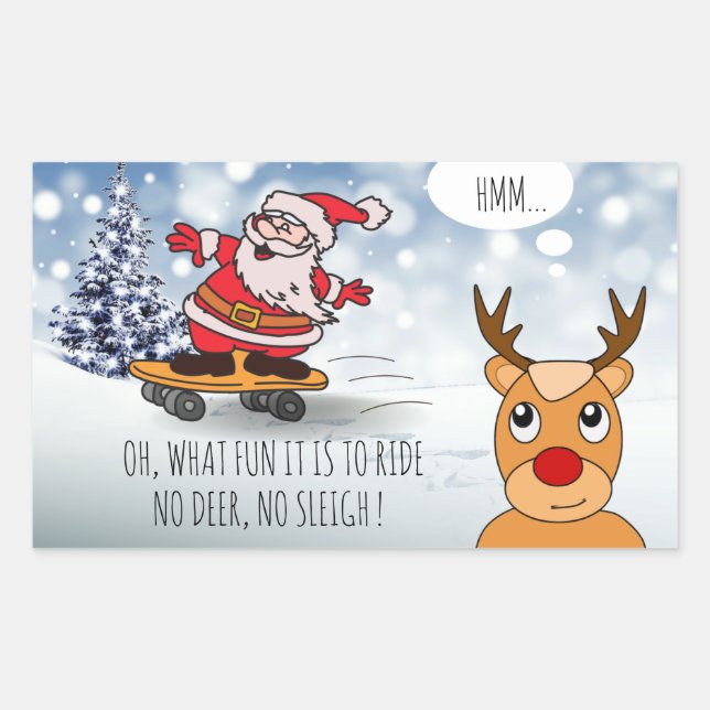 Santa on skateboard funny reindeer sleigh winter rectangular sticker (Front)