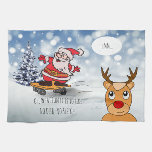 Santa on skateboard funny reindeer sleigh winter tea towel