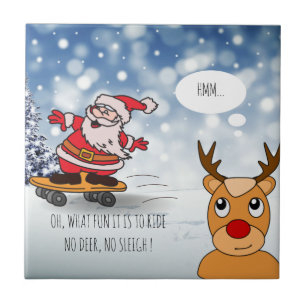 Santa on skateboard funny reindeer sleigh winter tile