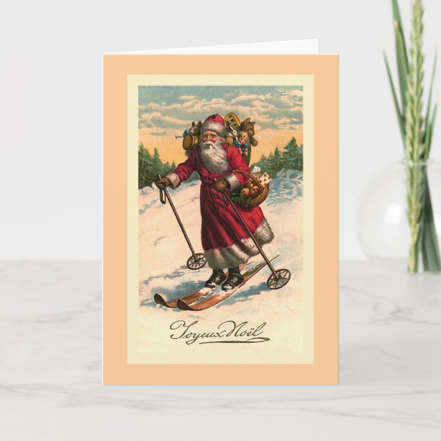 "Santa on Skis" Vintage French Card (Front)