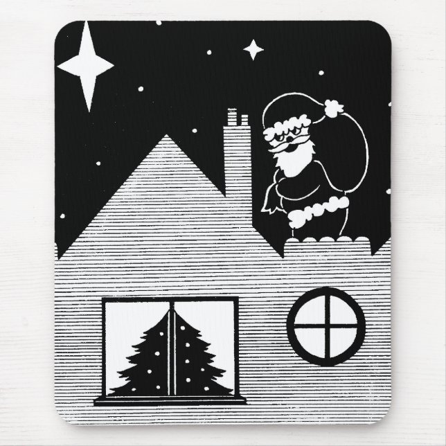 santa on snow covered roof black white Christmas Mouse Mat (Front)