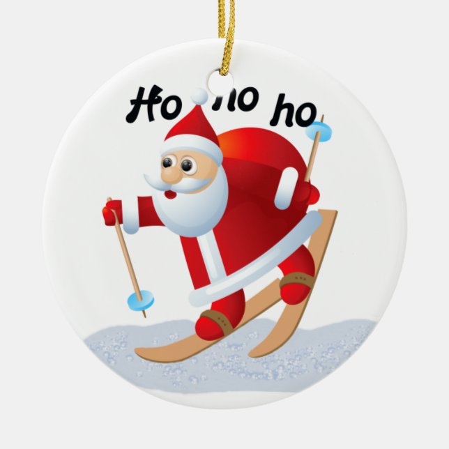 Santa on Snow Skis Round Ceramic Ornament (Front)