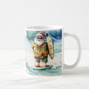 Santa on Surfboard on a Tropical Sea Background Coffee Mug