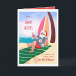 Santa on the Beach Summer Holiday Christmas Card<br><div class="desc">Original illustration of Santa on the Beach with tropical drink leaning on a surfboard; optional photo on the inside (colours inside editable). ©Becky Nimoy 2021</div>