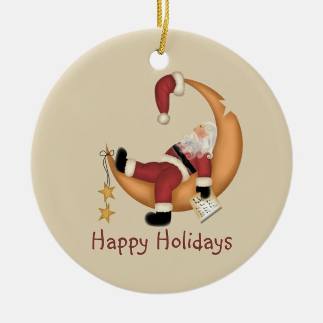 Santa on the Moon Ceramic Tree Decoration (Front)