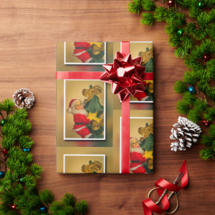 Santa on Xmas Tree, Vintage Gold Red and Green Wrapping Paper