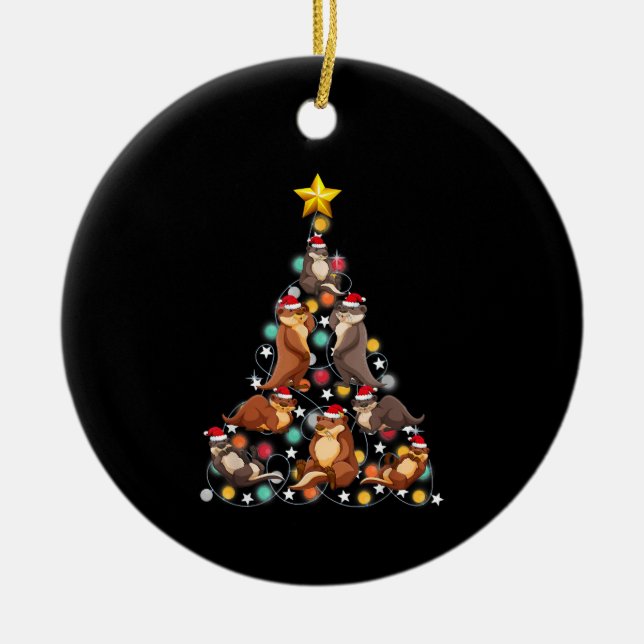 santa otters christmas tree| funny otter christmas ceramic tree decoration (Front)