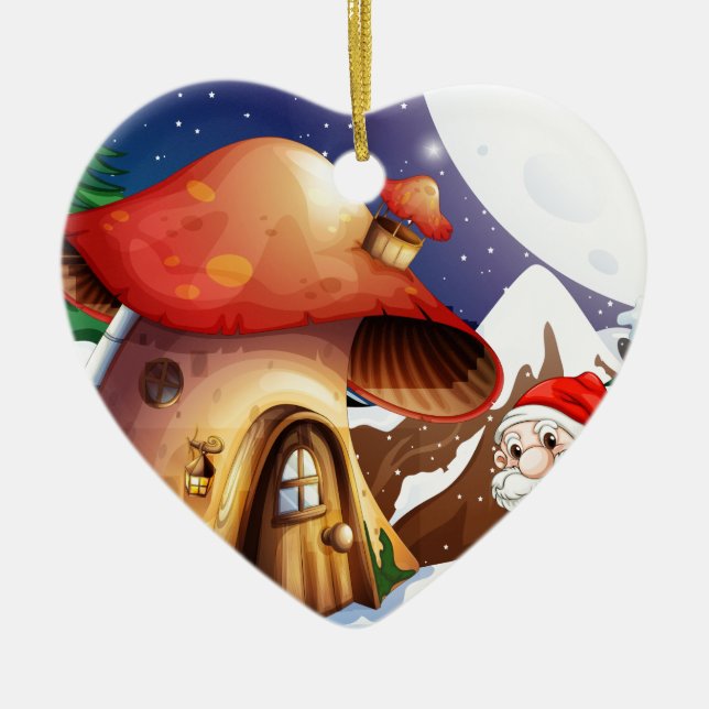 Santa outside the mushroom house ceramic tree decoration (Front)