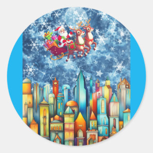 SANTA OVER THE CITY CLASSIC ROUND STICKER