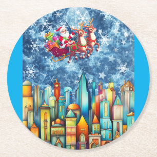 SANTA OVER THE CITY ROUND PAPER COASTER