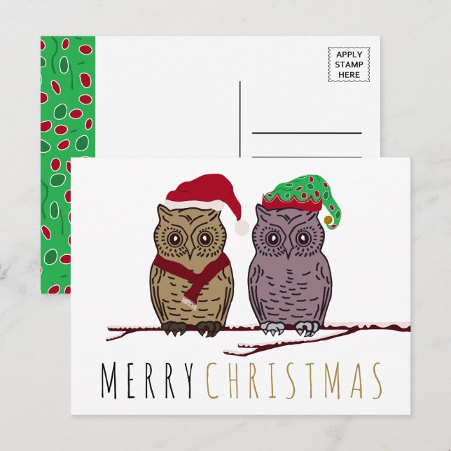 Santa Owl and Elf Owl Holiday Postcard (Front/Back)