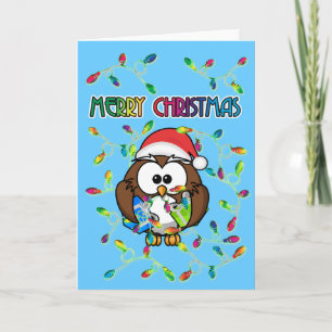 Santa owl & Christmas lights Holiday Card