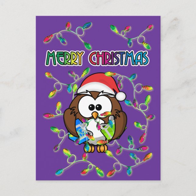 Santa owl & Christmas lights Holiday Postcard (Front)