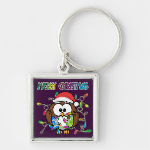 Santa owl & Christmas lights Key Ring