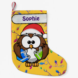 Santa owl & Christmas lights Small Christmas Stocking