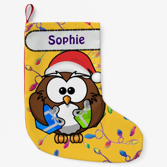 Santa owl & Christmas lights Small Christmas Stocking (Front)