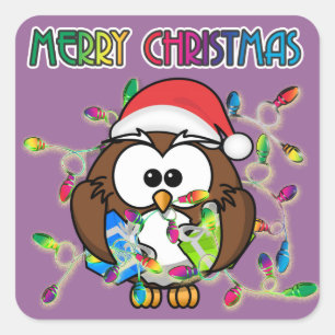 Santa owl & Christmas lights Square Sticker