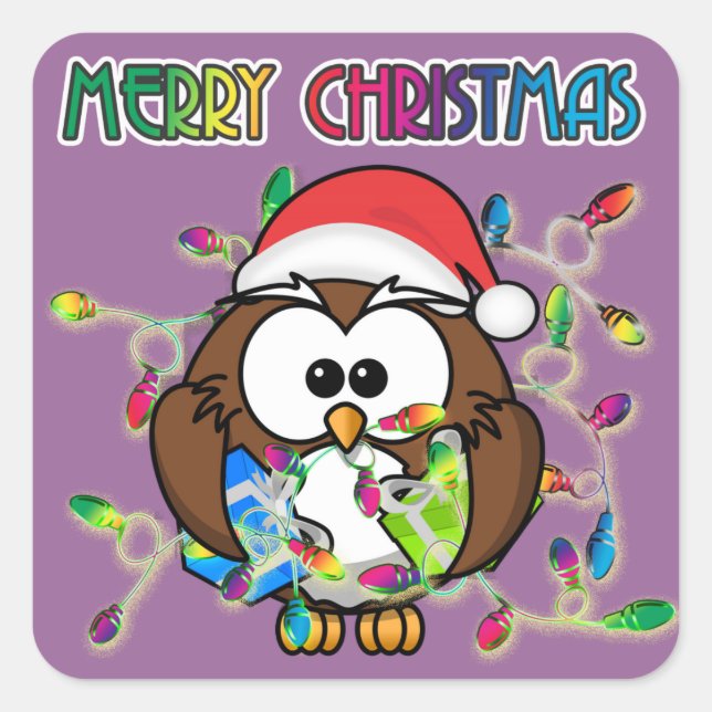 Santa owl & Christmas lights Square Sticker (Front)