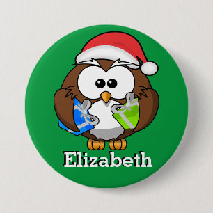 Santa Owl Christmas Stocking Name Tag 7.5 Cm Round Badge