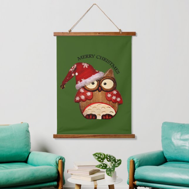 Santa Owl with a red Santa hat  Hanging Tapestry (Living Room)