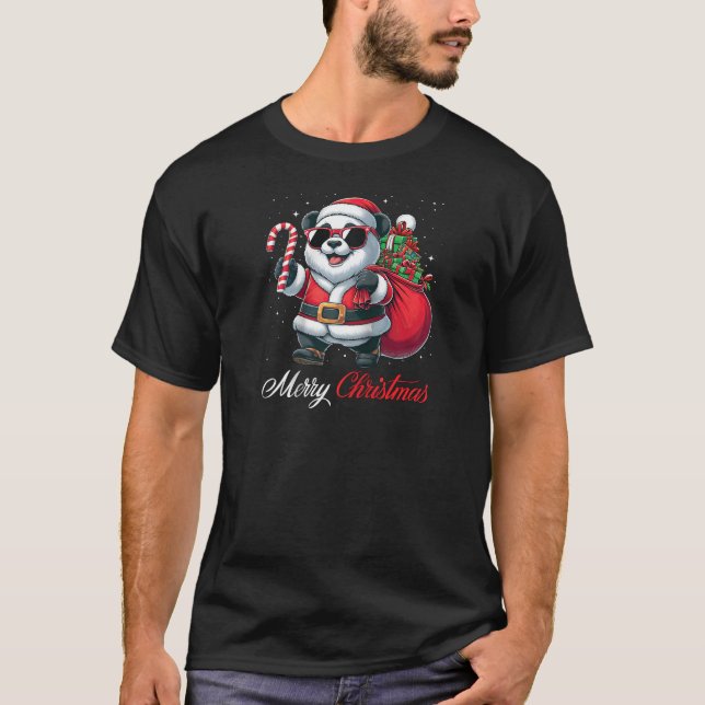Santa Panda Sunglasses Candy Cane Merry Christmas  T-Shirt (Front)