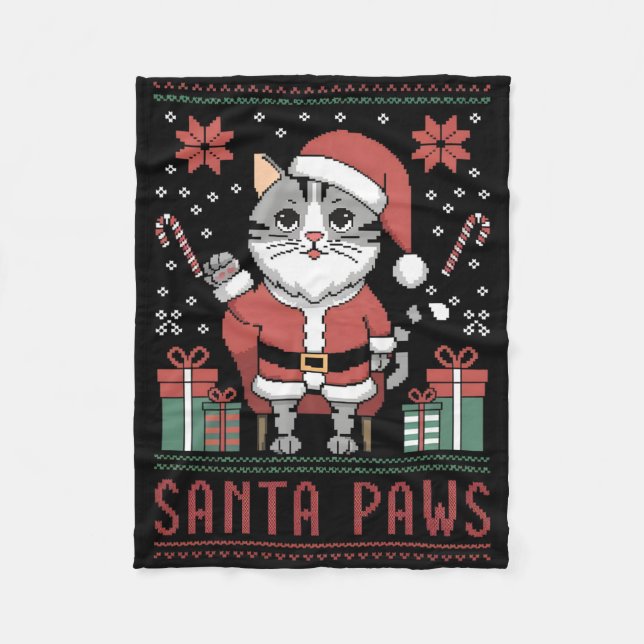 Santa Paws Cat Santa Hat Christmas Kitten Xmas Ugl Fleece Blanket (Front)