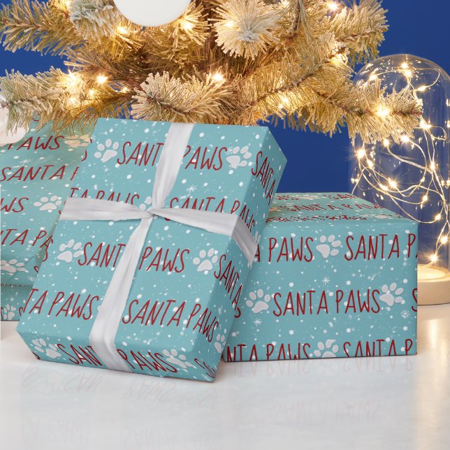 Santa Paws Christmas Pawprints with Snow Wrapping Paper (Holidays)