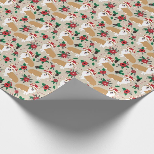 santa paws corgi poinsettia christmas gift wrap (Corner)