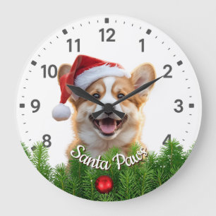 Santa Paws Corgi with Christmas Garland Large Clock