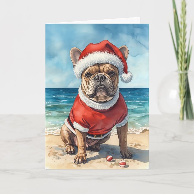 Santa Paws Goes Coastal – French Bulldog Christmas Card (Front)