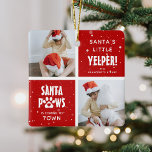 Santa Paws, Happy Howlidays 4 Photo Dog Christmas Ceramic Ornament<br><div class="desc">Funny Cute Dog Photo Collage Christmas Ornament. Design features 4 pictures of your choice,  fun festive dog pun sayings 'Happy Howl-idays,  Santa Paws,  Jingle Paws and Santa's little Yelper! A snow overlay over the photographs to give it a wintery feel and Personalise with family and dog name.</div>