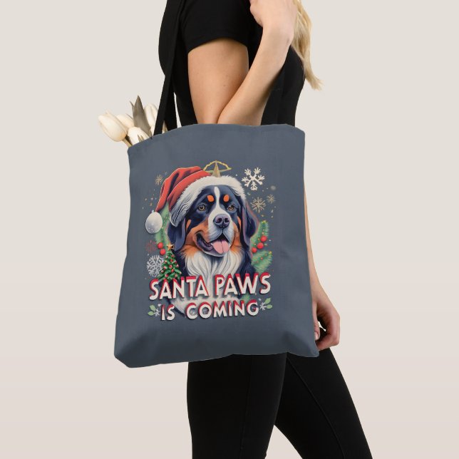 Santa Paws Is Coming Bernese  Dog Christmas Tote Bag (Close Up)