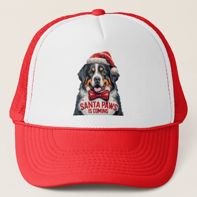 Santa Paws Is Coming Bernese  Dog Christmas Trucker Hat (Front)