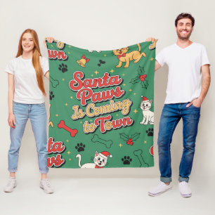 Santa Paws Is Coming to Town Retro Dog Cat Xmas Fleece Blanket