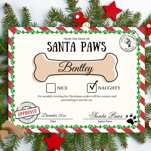 Santa Paw's Naughty List Certificate for Dogs Poster (Custom Santa Paws Naughty List certificate)