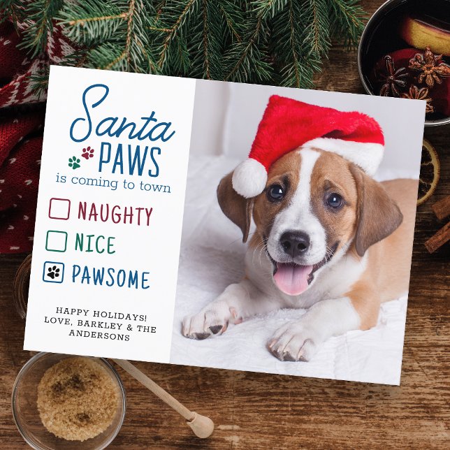 Santa Paws Naughty Nice Pawsome Pet Dog Photo  Holiday Postcard (Creator Uploaded)
