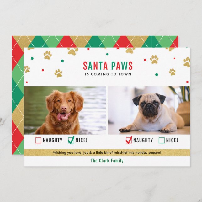 Santa Paws Naughty or Nice Two Dog Photo Card (Front/Back)