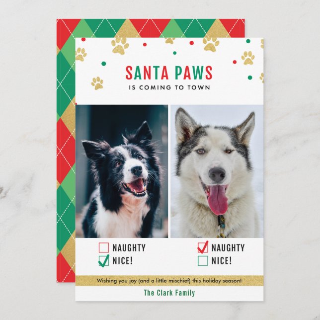 Santa Paws Naughty or Nice Two Dog Photo Card (Front/Back)