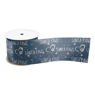 SANTA PAWS Text with Snowflakes Hearts Satin Ribbon