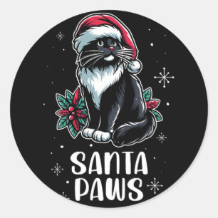 Santa Paws Tuxedo Cat Wearing Santa Hat Christmas Classic Round Sticker