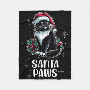 Santa Paws Tuxedo Cat Wearing Santa Hat Christmas Fleece Blanket