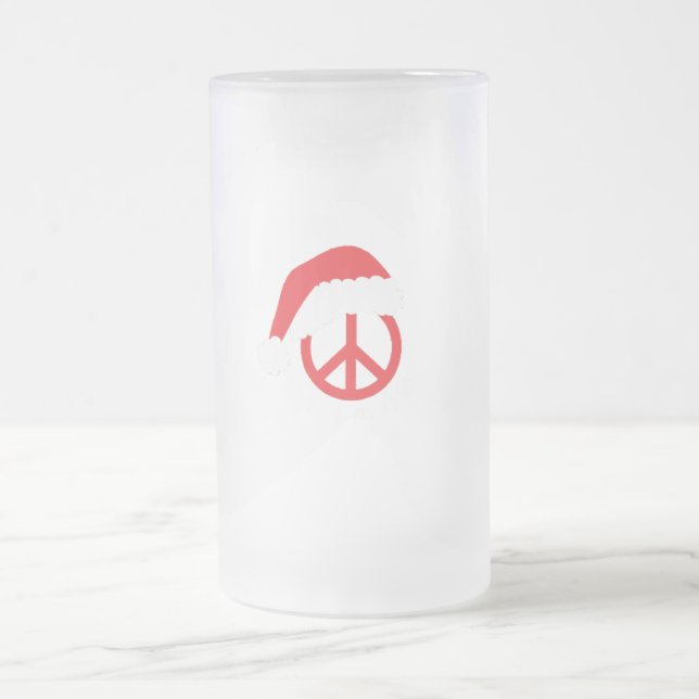 Santa Peace Sign Ho Ho Ho with Santa Hat Frosted Glass Beer Mug (Center)
