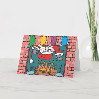 santa peeking in fireplace holiday card
