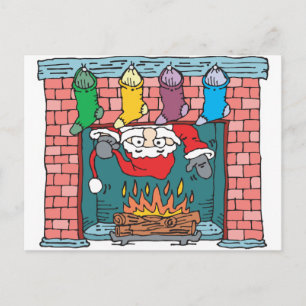 santa peeking in fireplace holiday postcard