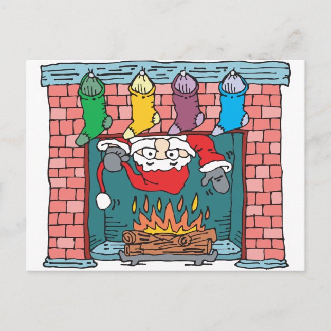 santa peeking in fireplace holiday postcard (Front)