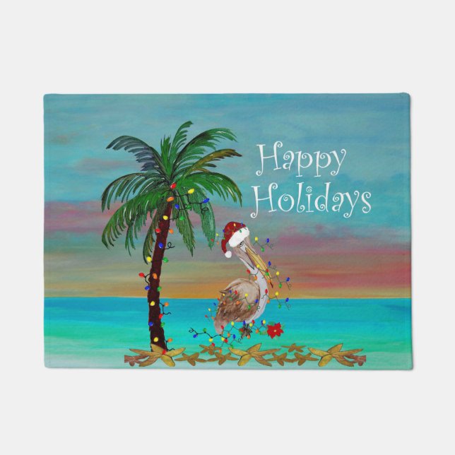Santa pelican and palm tree Christmas Holiday  Doormat (Front)