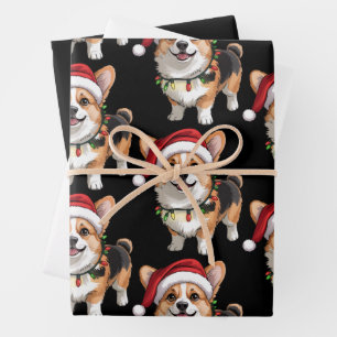 Santa Pembroke Welsh Corgi Christmas Tree Lights Wrapping Paper Sheet