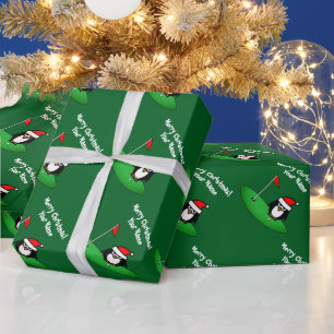 Santa penguin cartoon on golf course fun Christmas Wrapping Paper